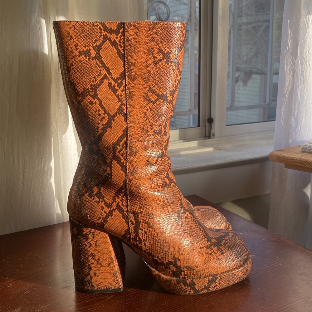 Womens Orange Snakeskin Leather Chunky Platform Boot Sz 40 Feners Made in Spain